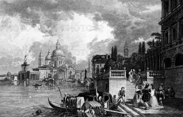 Baroque church of Santa Maria della Salute on the Grand Canal, Dorsoduro, Venice, Italy, architecture, domed building, gratitude, end of the plague, gondola, palazzo, palace, people, staircase, transportation, means of transport, steel engraving, historical illustration 1835