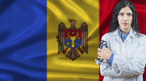 Moldovan national health system, Medical professional on Moldova flag background