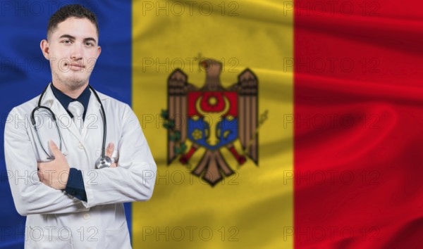 Portrait of medical professional on Moldova flag background. Moldovan national health system