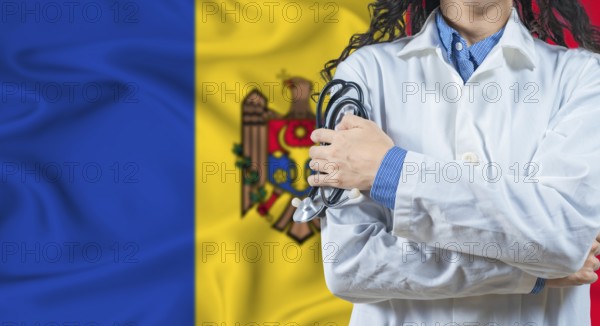 Healthcare professional with Moldova flag background. Professional doctor holding stethoscope on Moldova flag background