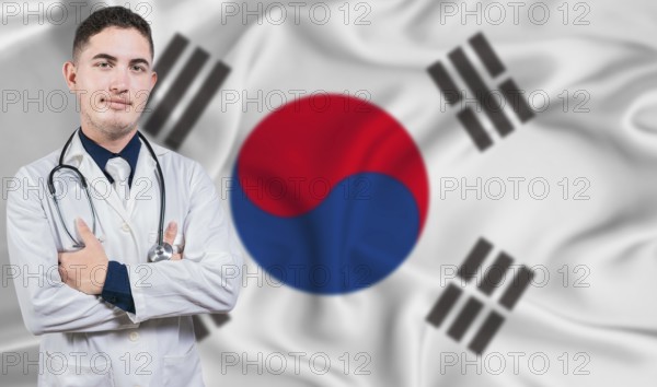 Portrait of medical professional on South Korea flag background. South Korean national health system