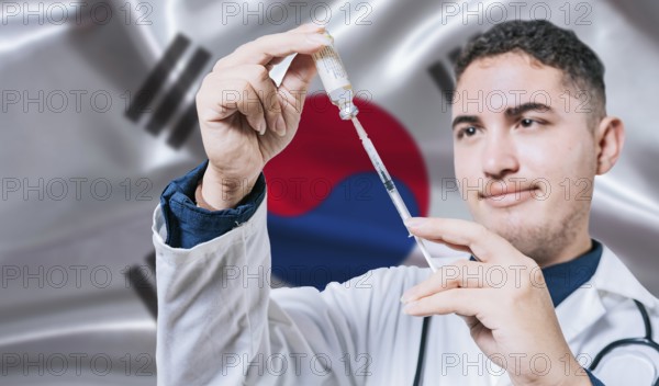 Doctor holding syringe on South Korea flag background. Medical professional holding syringe with South Korean flag in the background