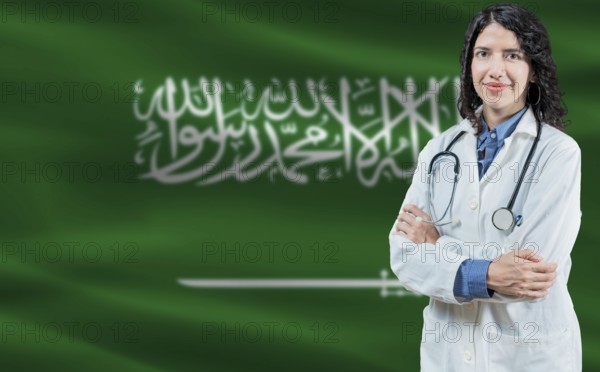 Saudi Arabian medicine and healthcare concept. Doctor close up against Saudi Arabia flag background
