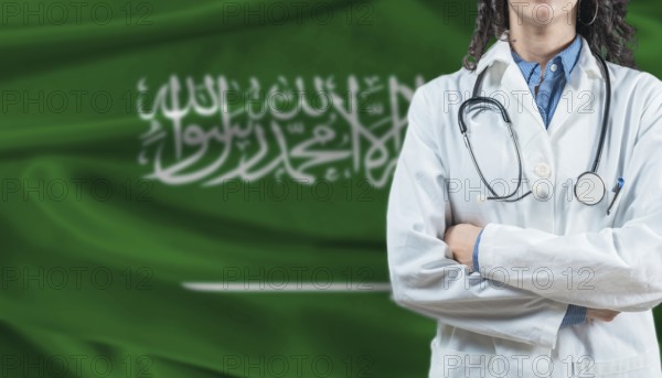 Medical professional on Saudi Arabia flag. Healthcare and wellness in Saudi Arabia, Concept