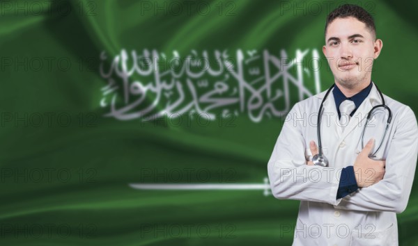 Portrait of medical professional on Saudi Arabia flag background. Saudi national health system