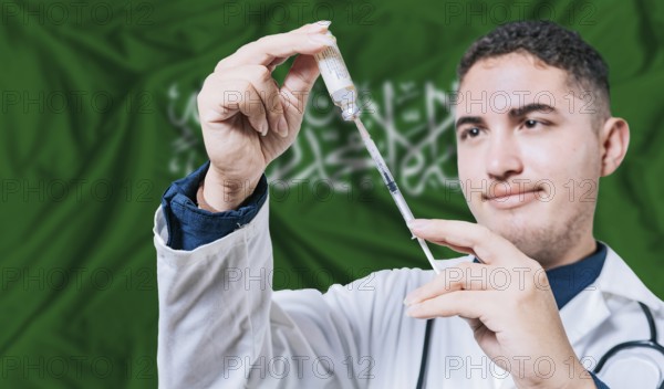 Doctor holding syringe on Saudi Arabia flag background. Medical professional holding syringe with Saudi flag in the background