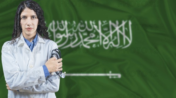 Saudi national health system, Medical professional on Saudi Arabia flag background