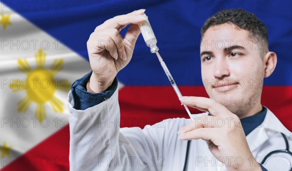 Doctor holding syringe on Philippines flag background. Medical professional holding syringe with Filipino flag in the background