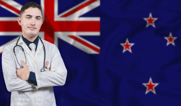 Portrait of medical professional on New Zealand flag background.New Zealander national health system