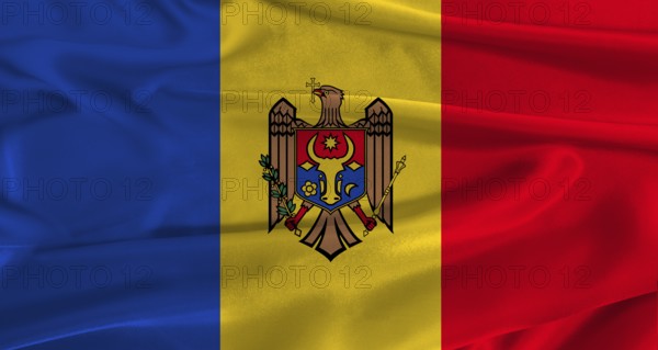 Flag of Moldova with fabric textured background. Close up of National flag of Moldova with realistic texture