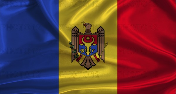 Moldova flag with cloth textured background. National flag of Moldova with realistic texture