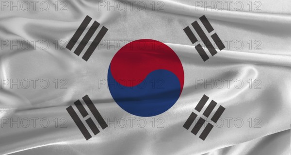 Flag of South Korea with fabric textured background. Close up of National flag of South Korea with realistic texture