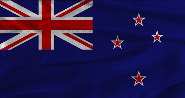 Flag of New Zealand with fabric textured background. Close up of National flag of New Zealand with realistic texture