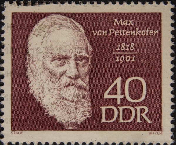 Max Joseph von Pettenkofer (1818-1901) was a German chemist and physician. Portrait on a German GDR postage stamp
