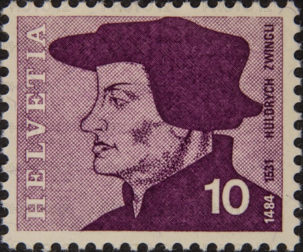 Huldrych Zwingli, also Ulrich Zwingli (1484-1531) was a Swiss priest, reformer and one of the forerunners of Reformed Christianity in the 16th century. Portrait on a Swiss postage stamp