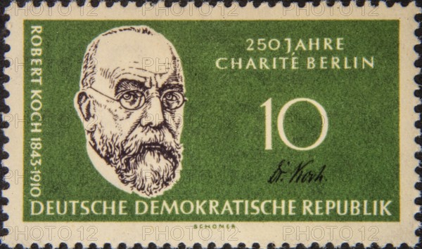 Heinrich Hermann Robert Koch (1843-1910) was a German physician and bacteriologist. Koch was awarded the Nobel Prize in Physiology or Medicine in 1905. Portrait on a German GDR postage stamp