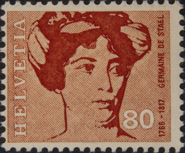Anne-Louise Germaine de Staël-Holstein (Madame de Staël) (1766-1817) was a French writer and salon hostess. Portrait on Swiss postage stamp