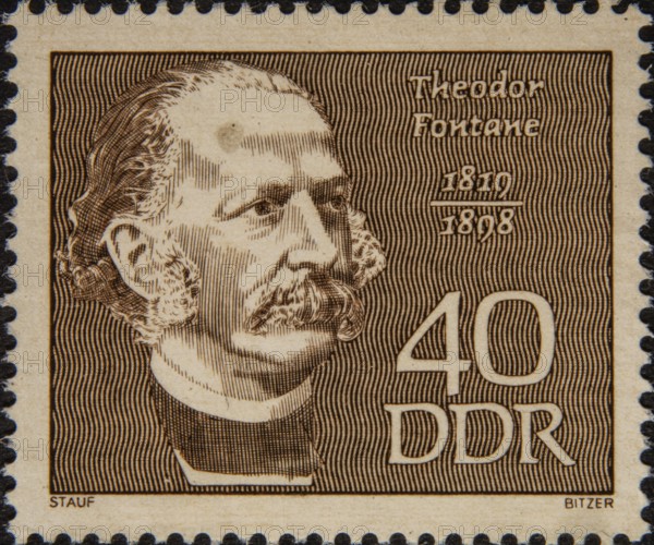 Theodor Fontane (1819-1898) a German novelist and poet. Portrait on a German GDR postage stamp