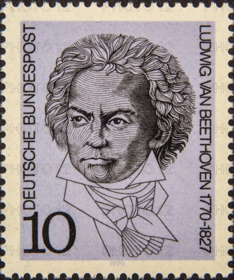 Ludvig van Beethoven (1770-1827) a German composer and pianist. Portrait on a German postage stamp