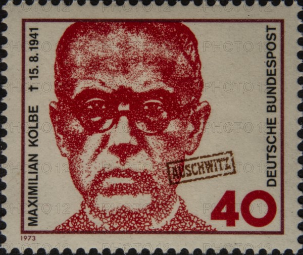 Maximilian Kolbe (1894-1941) was a Polish priest, Franciscan monk and martyr. Died in Auschwitz. He is venerated as a saint in the Roman Catholic Church. Portrait on German postage stamp