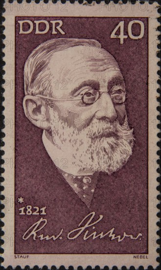 Rudolf Ludwig Karl Virchow (1821-1902) was a German physician, pathologist, biologist and politician. He is sometimes called the father of pathology for his pioneering contributions to this scientific field. Portrait on a German GDR postage stamp