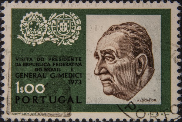 Emílio Garrastazu Médici (1905-1985) was a Brazilian military leader and dictator who was the 28th president of Brazil from 1969 to 1974. His authoritarian rule marked the apex of the Brazilian military regime. Portrait on a Portuguese postage stamp