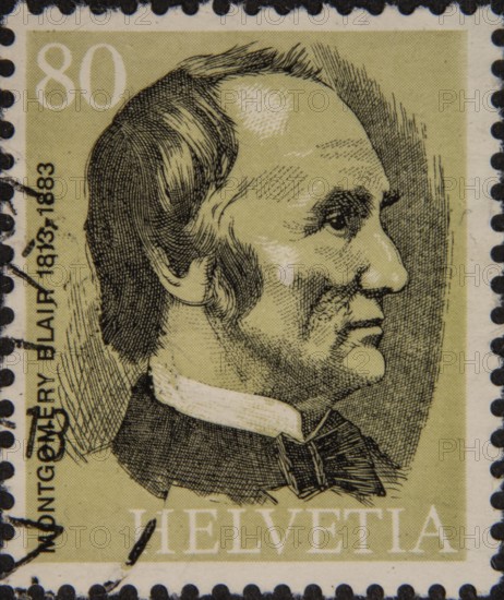 Montgomery Blair (1813-1883) was an American politician and lawyer from Maryland. He served in the Lincoln administration as Postmaster General from 1861 to 1864 during the Civil War. Portrait on Swiss postage stamp