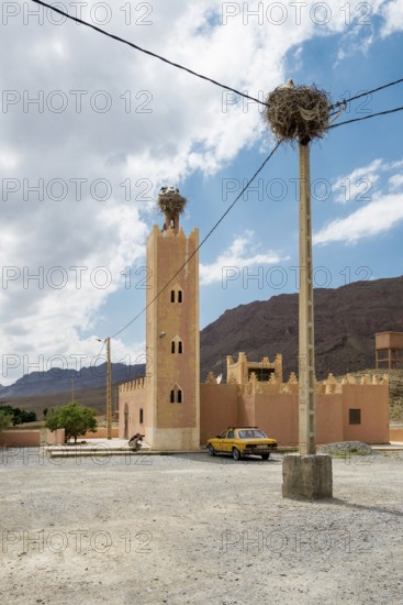 Traditional buildings and stork nests, near Errachidia, Drâa-Tafilalet region, High Atlas, Morocco