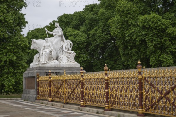 European sculpture group from 1871 by Patrick MacDowell, neo-Gothic Albert Memorial, monument to Prince Albert, husband of Queen Victoria, Kensington Gardens, London, England, Great Britain