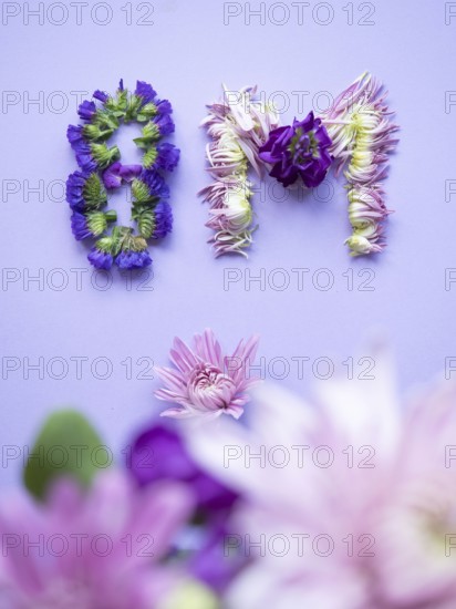 Flower letters forming 8m for international women's day on a lilac background