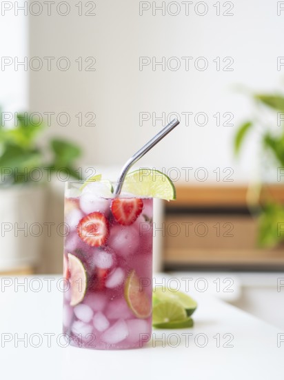 Glass of sparkling water with strawberries, lime, and ice, ready for drinking
