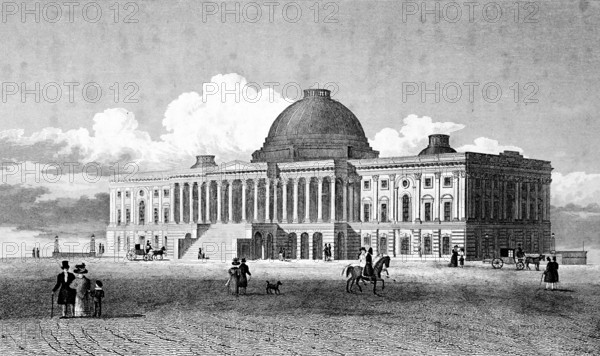 United States Capitol, the Capitol in Washington D.C., USA, domed building, steps, columned front, completed 1800, classicism, seat of the US Congress and legislature, National Historic Landmark, people, couples, riders, secluded buildings, architecture, history, steel engraving, historical illustration 1835