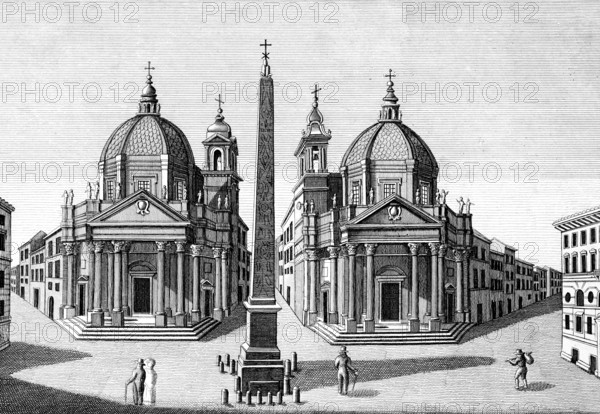 Piazza del Popolo, People's Square, twin church Basilica of Santa Maria in Montesanto, Baroque church, Rome, Italy, Marian column, rarity, double church, street, square, people, crosses, domed building, architecture, history, steel engraving, historical illustration 1835