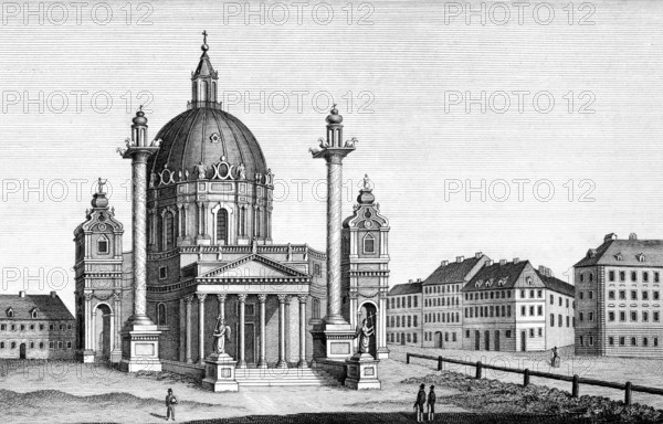 Roman Catholic Church of St. Charles, Vienna, Austria, rectorate church, votive church, client Emperor Charles VI, early 18th century, two columns, steps, entrance, row of houses, people, square, statues, buildings, architecture, history, steel engraving, historical illustration 1835