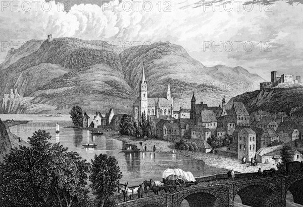 Bingen am Rhein, Rhineland-Palatinate, Germany, cityscape, small town, Rhenish mountains, church, bridge, horses pull covered wagons, castle, banks of the Rhine, people, rowing boats, buildings, architecture, history, steel engraving, historical illustration 1835