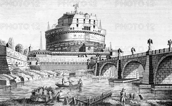 Castel Sant'Angelo, Castel Sant'Angelo on the Tiber, built in 131 AD, former mausoleum for Roman emperors, Ponte Sant'Angelo, Aelius bridge, historic arch bridge from 134 AD, Rome, Italy, burial place, fortress, refuge, prison of the Popes, city wall, angel figures, rowing boat, shore, fence, now museum, building, architecture, history, steel engraving, historical illustration 1818 35
