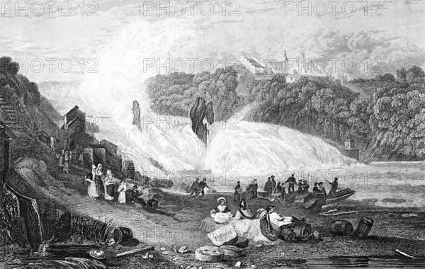 The Rhine Falls near Schaffhausen with Laufen Castle, Switzerland, rock islands, foam crowns, steps, adventure, natural spectacle, Rhine valley, forest, visitors, curious people, picnics, woman in traditional costume, rowing boat, building, architecture, history, steel engraving, historical illustration 1835