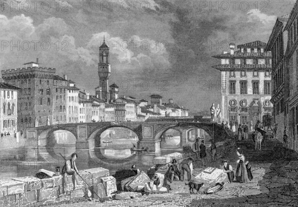 Ponte Santa Trineta, arched bridge over the Arno, Florence, Florence, Tuscany, Italy, cityscape, city of arts, wealth, bridge, water reflection, seawall, workers, woman, boats, towers, buildings, architecture, history, steel engraving, historical illustration 1835