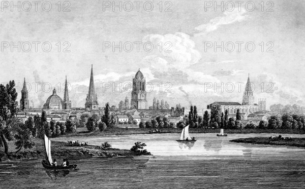 Cityscape of the university town of Oxford on the Thames, County Oxfordshire, England, churches, steeples, dome, nave, shore, trees, sailing ships, famous town, buildings, architecture, history, steel engraving, historical illustration 1835