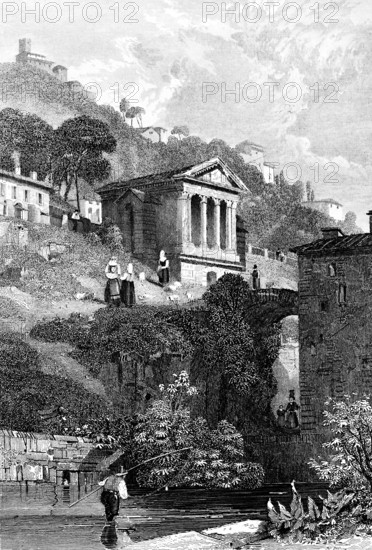 Tempietto sul Clitunno, Clitunnus temple, near Spoleto on the Marroggia River, Umbria, Italy, steep slope, mountain, pillars, trees, woman, man, fisherman, fishing rod, fishing, building, architecture, history, steel engraving, historical illustration 1835