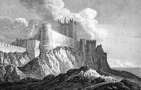 Bamborough Castle or Bamburgh Castle, Northamberland, England, North Sea, shore, rock, square tower, fortress, battlements, built around year 500, medieval period, path, rider, shelter, English Heritage, listed building, architecture, history, steel engraving, historical illustration 1835