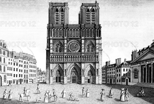 Notre Dame Cathedral, Paris, France, rosette, west side, entrance, two square towers, square, pedestrian, rider, row of houses, building, architecture, history, steel engraving, historical illustration 1835