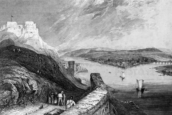 Koblenz with Rhine and Moselle estuary, seen from Ehrenbreitstein Fortress, Rhineland-Palatinate, Germany, mountain landscape, path, wall, castle, hiker, round tower, city, bridge, sailing ships, transport, buildings, architecture, history, steel engraving, historical illustration 1835