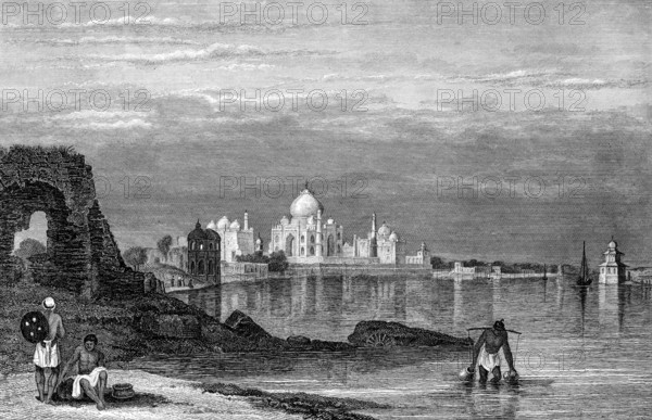 Taj Mahal or Taj Mahal mausoleum, city of Agra on the Yamuna River, state of Uttar Pradesh, India, minarets, domed building, Grand Mogul Shah Jahan, art, marble, water carrier, shore, water reflection, building, architecture, history, steel engraving, historical illustration 1835