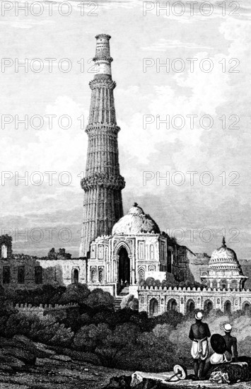 Cootub Minar ruins, Qutub Minar, Qutub Minar, Delhi, India, various transcription, rejuvenating minaret and victory column, built 1199 to 1220, ornaments, dome construction, trees, viewer, building, traditional Islamic architecture, history, steel engraving, historical illustration 1835