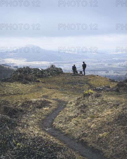 Viewpoint on the ruins of Mägdeberg Castle, with a view of the Hegau volcano Hohenhewen on the horizon, Mühlhausen-Ehingen, Hegau, Konstanz district, Baden-Württemberg, Germany