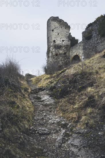 Ascent to the ruins of Mägdeberg Castle, Mühlhausen-Ehingen, Hegau, Konstanz district, Baden-Württemberg, Germany