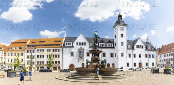 Panorama of Obermarkt with Council Pharmacy, Town Hall and Fountain Monument with City Founder Otto the Rich, Freiberg, Saxony, Germany