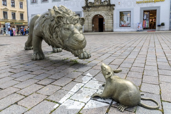 Silver figure of Otto's Lion by Joscha Bernder at the town hall, stop on the Siberweg adventure trail through the old town of Freiberg, Saxony, Germany