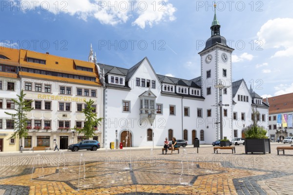 Water feature on the Obermarkt with Ratsapotheke and town hall, Freiberg, Saxony, Germany